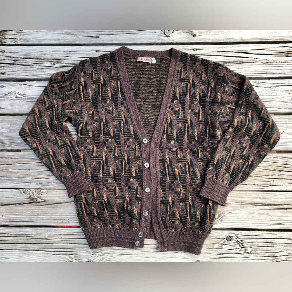 VINTAGE Mens JANTZEN V Neck Button Front Cardigan Sweater Pattern Design Cosby